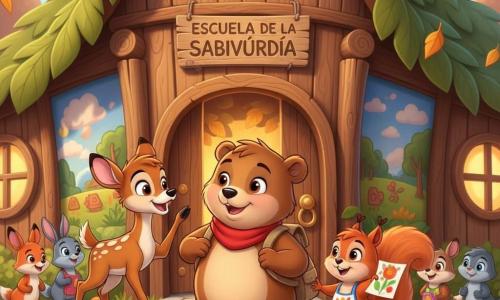 Un joven oso pardo regordete llamado Bruno, de rostro dulce y ojos grandes y brillantes, con una pequeña bufanda roja y una mochila de lona, entra en primer plano a la escuela; a su izquierda Tito, un cervatillo manchado, delgado y saltarín, lo anima levantando una pata, y a su derecha Lila, una ardilla rojiza de ojos vivaces y cola espesa, muestra un dibujo colorido mientras lleva un delantal pintado; la escuela es un edificio cálido de troncos y hojas con paredes de madera decoradas con frescos del bosque, grandes ventanas redondas que dejan pasar una luz dorada y un cartel «Escuela de la Sabiduría» sobre la puerta, la escena refleja el primer día de clase con hojas cayendo suavemente, otros animales al fondo conversando y riendo, colores saturados y contornos nítidos al estilo dibujos animados de los años 90.