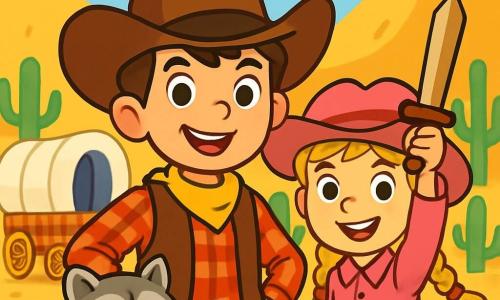 Ein junger Cowboy namens Tom, etwa 10 Jahre alt, steht stolz im Mittelpunkt des Bildes. Er trägt einen großen braunen Cowboyhut, ein rotes kariertes Hemd und eine Lederweste. Sein Gesicht strahlt mit einem breiten Lächeln, seine leuchtenden Augen zeigen seinen Mut und seine Entschlossenheit. An seiner Seite steht seine beste Freundin Lilly, ein 9-jähriges Mädchen mit geflochtenen blonden Haaren und einem rosa Cowgirl-Outfit, die ein kleines Holzschwert schwingt, bereit, ihr Camp zu verteidigen. Ein kleiner, frecher Waschbär namens Max, ein Tier mit schelmischen Augen und grauem Fell, versteckt sich hinter Tom und beobachtet neugierig die Umgebung. Die Szene spielt in einem Cowboy-Camp, umgeben von großen goldenen Hügeln unter einem strahlend blauen Himmel. Bunte Wagen stehen im Hintergrund, und grüne Kakteen stehen herum und verleihen der Landschaft einen wilden Touch. In dieser Hauptsituation bereiten sich Tom und Lilly darauf vor, sich gegen Halunken zu verteidigen, die sich heimlich ihrem Camp nähern, während Max, etwas nervös, sich an Tom kuschelt. Die Atmosphäre ist angespannt, aber voller Energie, bereit für das Abenteuer.