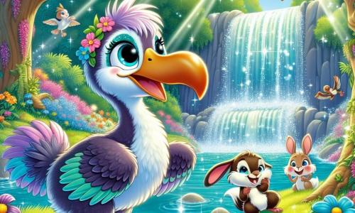 Dottie, de dodo met lila en turkooise veren, staat aan de rand van een prachtige waterval, met glinsterende ogen van opwinding en een brede glimlach op haar gezicht. Ze kijkt verwonderd naar het fonkelende water dat van de rotsen valt, met haar vleugels iets geopend alsof ze klaar is om op te stijgen. Naast haar klimt Benny, het kleine eekhoorntje met een bruine vacht en glinsterende ogen, op een steen, met zijn pootjes in de lucht en een uitdrukking van vreugde en enthousiasme. Lila, het blije konijn met grote witte oren en een zachte vacht, zit op het gras, lacht hard, haar ogen stralend van geluk, terwijl ze een kleurrijke bloem vasthoudt die ze net heeft geplukt. De omgeving is betoverend: kleurrijke bloemen omringen de waterval, zonnestralen filteren door de bladeren van de bomen, wat lichtflitsen in de lucht creëert. Op de achtergrond zingen vogels vrolijk, wat bijdraagt aan de magische sfeer van het moment. Dottie en haar vrienden vieren hun ontdekking van de verborgen waterval, vol energie en klaar om samen nieuwe avonturen te beleven, ondergedompeld in een wereld van wonderen en magie.