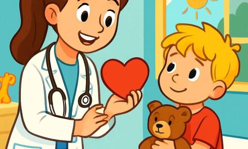 Dr. Mia is a smiling woman with long brown hair tied in a ponytail, wearing a white coat and a stethoscope around her neck. She has sparkling eyes and stands in her medical office, holding a heart-shaped toy to comfort a child. Next to her, a 5-year-old boy with tousled blonde hair and a red t-shirt looks at Dr. Mia with curiosity, clutching a teddy bear in his arms. He is sitting on an examination table, a bit nervous but smiling. The medical office is bright and welcoming, with pastel blue walls, colorful posters of fruits and vegetables, and toys scattered on the floor. A window lets in sunlight, illuminating the room. In this scene, Dr. Mia enthusiastically explains to the little boy how to take care of his teddy bear, showing him medical instruments while reassuring him with kind words and smiles.