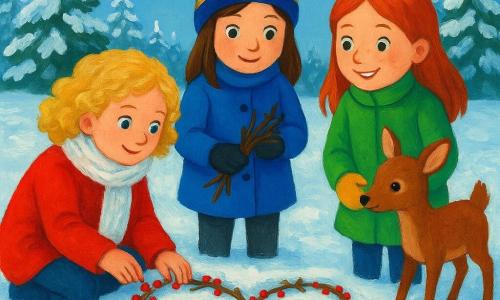 Er zijn 3 personages: Emma, een 10-jarig meisje met blonde krullende haren en sprankelende blauwe ogen, draagt een felrode jas en een witte sjaal. Ze hurkt links en plaatst zorgvuldig rode bessen op de rand van een groot hart in de sneeuw. Sophie, een 10-jarig meisje met steil bruin haar en groene ogen, draagt een blauwe jas en een gestreepte muts. Ze staat in het midden en houdt een klein stapeltje takken vast om aan de hartdecoratie toe te voegen. Lotte, een 10-jarig meisje met rood haar en sproeten, draagt een groene jas en gele wanten. Ze staat rechts, glimlachend en kijkend naar een kleine beuk die nieuwsgierig naar het sneeuwhart komt. De locatie is een besneeuwd veld, omringd door grote met sneeuw bedekte sparren. De lucht is helderblauw met enkele witte wolken. In het midden is een groot hart in de sneeuw versierd met takken en rode bessen, wat een opvallend contrast vormt met de omliggende witheid. De drie meisjes versieren vrolijk het sneeuwhart, terwijl een nieuwsgierige kleine beuk nadert, wat een magisch tintje aan de winterse scène toevoegt. Hun kleurrijke kleding contrasteert met de ongerepte sneeuw, wat een warme en feestelijke sfeer creëert.