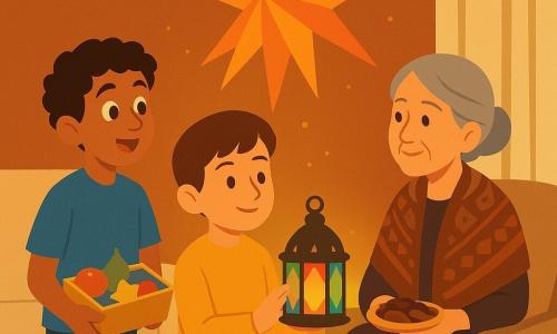 Hay tres personajes: Aarón, un niño de 9 años de piel clara y cabello corto castaño, con jersey mostaza y vaqueros, de pie junto a una pequeña mesa sosteniendo un farolillo metálico con cristales de colores y mirando una gran estrella de papel que gira; Yusef, otro niño de 9 años de piel morena y rizos negros, con camiseta azul y zapatillas, a la izquierda de Aarón sosteniendo una caja de adornos y mirando la estrella sorprendido; y la abuela, mujer de unos 70 años con cabello gris recogido, piel arrugada, chal estampado y vestido largo, sentada a la derecha ofreciendo un plato pequeño de dátiles y contemplando la escena con ternura. Lugar: un salón cálido de casa familiar con suelo de madera clara, alfombra geométrica, sofá beige y cortinas de lino crema; una guirnalda de estrellas de papel cuelga del techo y el farolillo proyecta manchas de luz ámbar, verde y azul sobre una pared ocre. Situación: un momento tranquilo y mágico del Ramadán: la vela del farolillo encendida, la luz coloreada atravesando los cristales, la estrella de papel girando como por un soplo invisible y los personajes mirándose en silencio maravillados; ambiente íntimo, contrastes cálidos y sombras suaves.