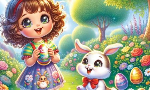Una niña de 2 años, con grandes ojos brillantes y cabello rizado, lleva un vestido colorido con estampados de conejitos. Sonríe con asombro mientras sostiene un huevo de Pascua brillante en sus pequeñas manos. A su lado, un conejito blanco, con grandes orejas y un moño rojo, salta alegremente, mirando el huevo con curiosidad. La escena se desarrolla en un jardín soleado, lleno de flores coloridas y árboles verdes, con un arcoíris brillante en el cielo azul. En el suelo, hay huevos de Pascua multicolores esparcidos entre la hierba verde. La niña descubre un huevo mágico en el jardín y está lista para aventurarse en busca de flores mágicas, mientras el conejito la anima con entusiasmo.