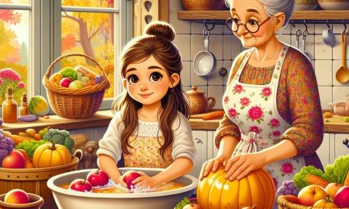 Una niña de 10 años, Lucía, con largos cabellos castaños y ojos llenos de curiosidad, está en una cocina acogedora, rodeada de macetas de barro y verduras coloridas. Sonríe con entusiasmo, sus mejillas ligeramente sonrojadas por la emoción, mientras lava manzanas rojas brillantes en un gran fregadero de cerámica. Junto a ella, su abuela, una mujer mayor con cabello gris recogido y gafas redondas, le muestra cómo cortar una calabaza naranja. Lleva un delantal floral y tiene una mirada tierna y cariñosa. Ambas están de pie frente a una mesa de madera rústica, cubierta de frutas y verduras de otoño. La cocina está bañada de luz dorada, con ventanas abiertas que dejan entrar una brisa fresca. Hojas de otoño de colores vivos vuelan afuera, mientras una cesta de mimbre rebosa de cosechas frescas en el suelo de baldosas. Lucía y su abuela preparan juntas una receta tradicional de otoño, riendo y compartiendo historias, creando una atmósfera alegre y cálida.