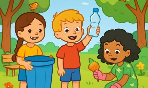 Hay 3 personajes: - Ana: una niña de 8 años, con largas trenzas de cabello castaño, vistiendo una camiseta amarilla brillante y pantalones cortos de mezclilla. Sostiene un gran cubo de basura azul y sonríe, de pie a la izquierda. - Lucía: una niña de 8 años, con cabello rizado y negro, vestida con un vestido verde con flores. Está agachada a la derecha, recogiendo basura con guantes de jardinería rosas. - Tomás: un niño de 7 años, con cabello rubio despeinado, lleva una camiseta roja y pantalones cortos. Se encuentra en el centro, sosteniendo una botella de plástico que muestra con orgullo. El lugar es un parque verde, lleno de árboles majestuosos, flores coloridas y un césped bien cuidado. Al fondo, se ve un cielo azul claro con algunas nubes blancas esponjosas. Los niños están en plena acción, recogiendo y clasificando basura reciclable. Ana sonríe sosteniendo un gran cubo de basura, mientras Lucía, agachada, descubre una hoja colorida que quiere usar para crear arte. Tomás, en el centro, muestra una botella de plástico, ilustrando su misión de limpieza y protección de la naturaleza.