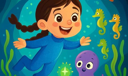 Una ragazza di 6 anni, di nome Giulia, con lunghe trecce castane e occhi pieni di curiosità, nuota felicemente sott'acqua, meravigliata dalle luci brillanti intorno a lei. Indossa una muta blu che scintilla sotto i raggi del sole, e il suo viso esprime una gioia splendente e un'eccitazione palpabile. Accanto a lei, un piccolo polpo viola, con tentacoli ondulanti, la osserva con occhi curiosi, galleggiando dolcemente nell'acqua. Più lontano, una famiglia di cavallucci marini, con tonalità dorate e verdi, si nasconde tra le alghe, guardando Giulia con espressioni amichevoli. Il decor è una grotta sottomarina magica, illuminata da un faro verde che emette luci scintillanti, creando uno spettacolo incantevole di riflessi sulle pareti rocciose. Alghe ondeggiano dolcemente e pesci colorati nuotano intorno, aggiungendo vita a questa scena sottomarina. Giulia esplora la grotta, meravigliata dalla bellezza delle luci e delle creature marine che la circondano, pronta a scoprire il mistero delle luci nel blu.