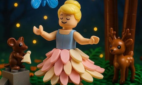 Una niña Cenicienta de rostro dulce y sonriente, serena y alegre, con cabello rubio trenzado y vestido hecho de pétalos en tonos pastel que ondea al viento; baila descalza en el centro de una claro del bosque con los brazos abiertos para acoger la luz; a la izquierda, sobre una piedra, una ratoncita pizarra marrón sostiene un pequeñísimo trozo de tela blanca y la mira con curiosidad; a la derecha, entre dos troncos, un joven ciervo macho de unos dos años la observa timidamente pero en paz; sobre su cabeza vuela una gran mariposa azul intenso de alas brillantes como vidrio pulido; el lugar es una clareira al crepúsculo con alfombra de hojas anaranjadas, troncos marrón texturizados, parches de helechos verdes, pequeñas luciérnagas amarillas y cielo estrellado; escena principal: ballet de luces y sombras donde la niña trae calma y luz y los animales recuperan confianza, atmósfera feérica y cálida, contrastes suaves entre brillos amarillos y sombras azuladas; estilo visual: colores vivos pero pastel, detalles nítidos de ladrillos LEGO, iluminación suave y cálida, composición centrada y legible para niños.