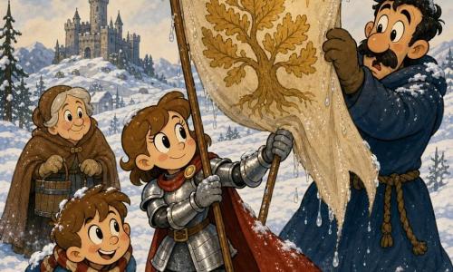 The young female knight stands center with a determined gentle face and bright eyes, wearing simple scratched polished metal armor and a red snow-dampened cloak, holding a wet banner pole and watching the beige banner unfurl; Tomas, an ~8-year-old boy, is left, small with cold-red cheeks and a striped scarf, digging snow with bare hands and smiling proudly at the knight; a tall man in a dark blue coat with a rope belt is right, helping pull the pole, his expression shifting from surprise to calm behind the banner; Old Mera, an elderly woman in a brown coat, stands slightly back holding a wooden bucket and looking kindly at the children; the vast northern field is white with black tree silhouettes, thick sugar-like snow, a gray stone castle in the distance and a pale winter sky; the heavy wet banner bears a large golden oak and a small yellow sun, slowly unfurling with dripping ice and a faint warm glow around the painted sun; overall mood of unity and shared effort, visual contrast between cold blue-whites and the small golden banner glow, cartoon style with rounded forms, saturated colors and visible snow texture.