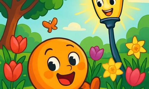 Balder, een kleine ronde en vrolijke tuinbal, ligt op het groene gras met zijn ogen die fonkelen van vreugde en opwinding. Hij rolt vrolijk tussen de kleurrijke tulpen en narcissen, zijn felle kleuren contrasterend met het heldere groen van de tuin. Lotte, een vriendelijke en heldere lantaarnpaal, zweeft net boven Balder, haar lampion straalt een zachte gouden gloed uit. Ze glimlacht enthousiast, haar ogen sprankelend van anticipatie, klaar om de tuin te verkennen. De locatie is een prachtige lentetuin, vol met schitterende bloemen in levendige kleuren, fladderende vlinders en zonnestralen die door de bladeren van de bomen filteren. Het gras is van een stralend groen, en de lucht is geurig van de bloeiende bloemen. De hoofdscène toont Balder en Lotte die de terugkeer van de lente vieren, omringd door kleurrijke bloemen, terwijl ze samen lachen en spelen, vol geluk en energie.