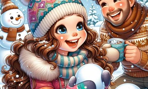Een 7-jarig meisje, Lotte, met lange bruine haren en vrolijke krullen, draagt een kleurrijke skijas en een wollen muts. Ze glimlacht met sprankelende ogen van opwinding, terwijl ze een sneeuwbal in haar handen vasthoudt, klaar om te gooien. Naast haar staat haar vader, een man van ongeveer 40 jaar met een lichte baard en een wollen trui, die lacht terwijl hij een andere sneeuwbal vasthoudt, klaar om mee te doen aan de strijd. Haar moeder, een vrouw van ongeveer 38 jaar met bruin haar in een knot, staat iets op de achtergrond met een kop warme chocolademelk en een warme glimlach, terwijl ze trots naar de scène kijkt. De scène speelt zich af in een charmante besneeuwde tuin, waar sneeuwvlokken zachtjes uit de lucht vallen en de grond bedekken met een dikke laag glinsterende sneeuw. Op de achtergrond is er een grote sneeuwman, Koude Kees, met een wortel als neus en een kleurrijke sjaal, die een vleugje magie aan de omgeving toevoegt. De belangrijkste situatie toont Lotte en haar vader die volop in een sneeuwballengevecht zijn, lachend en plezier makend, terwijl haar moeder hen met genegenheid aankijkt, wat een vrolijke en feestelijke sfeer creëert, perfect om het nieuwe jaar te vieren.
