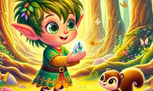 Un duende llamado Luli, con orejas puntiagudas y ojos llenos de curiosidad, se encuentra en el centro de la escena. Tiene el cabello desordenado de color verde y lleva una túnica colorida adornada con hojas y flores. Luli muestra una expresión alegre y maravillada, sosteniendo una piedra brillante en sus pequeñas manos. A su lado, una ardilla llamada Susi, con pelaje marrón y ojos vivos, trepa por una rama baja. Ella mira a Luli con una sonrisa alentadora, lista para ayudarlo en su búsqueda. El escenario es un bosque encantado, bañado en luz dorada. Árboles majestuosos con troncos gruesos se elevan a su alrededor, sus hojas brillando como esmeraldas. Flores multicolores cubren el suelo, y mariposas danzan en el aire. La situación principal muestra a Luli y Susi descubriendo la piedra mágica, mientras están al borde de un camino sinuoso, rodeados de la belleza mística del bosque. Luli, asombrado, se prepara para tocar la piedra, mientras Susi lo anima con entusiasmo.