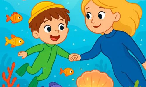A 4-year-old boy, Max, with messy brown hair, is wearing a green wetsuit and a small yellow hat. He has wide eyes of joy and a big smile, floating in clear water, surrounded by colorful fish. Next to him is his mom, a woman in her thirties with long blonde hair, wearing a blue wetsuit. She swims gently, holding Max's hand tenderly while admiring the underwater wonders. The background is a bright ocean filled with vibrant corals, multicolored fish, and gentle swaying seaweed. Sun rays penetrate the water's surface, creating sparkling reflections. The main scene shows Max and his mom discovering a shimmering magic book in a shell, surrounded by singing fish swimming joyfully around them.