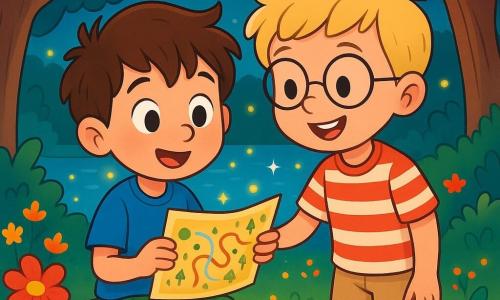 There are two main characters: Eli, a nearly 5-year-old boy with messy brown hair and large curious eyes, wearing a blue t-shirt and green shorts, sitting on a rock holding a small colorful map; and Sam, also nearly 5, with blonde hair and round glasses, wearing a red striped shirt and beige pants, standing next to Eli, looking at the map with an enthusiastic smile. The main setting is an enchanted clearing by a sparkling lake surrounded by brightly colored flowers and small lights floating on the water like stars. Majestic trees with thick trunks and green leaves create a lush backdrop around the boys, forming a magical and peaceful atmosphere. The main situation shows Eli and Sam discovering the Lake of Little Lights, amazed by the lights dancing on the water, with Eli holding the map that guided them there, their faces illuminated by the magic of the moment, filled with wonder and joy.