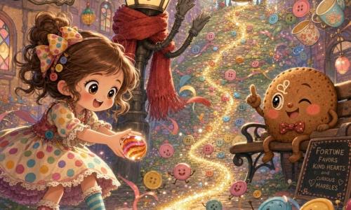 Maya, 10, delighted with sparkling eyes and a wide smile, in a colorful polka-dot dress and mismatched socks, delicately releases Marble, a small orange-and-pink striped glass sphere that glows and leaves a trail of golden glitter, as the benevolent lamp-post mayor—an antique lamppost with a red scarf—stands behind her raising a metal arm as if applauding and a round brown button-cookie with a painted face on a bench to the right winks and announces fortune; they are in Garland Lane, a narrow cobbled alley hung with braided garlands, glowing buttons, hanging mini cups, stained-glass windows, paper lanterns and floating ribbons in saturated pastels and soft naive textures, and the marble rolls in a dynamic friendly race toward a bell at the bottom of a garlanded hill, full of movement and sparks.