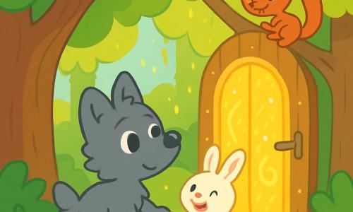 Een kleine wolf genaamd Woezel, met een zachte grijze vacht en grote nieuwsgierige ogen, staat voor een prachtige glinsterende houten deur die een gouden gloed uitstraalt. Hij heeft een verwonderde uitdrukking, met zijn oren rechtop, klaar om een nieuwe wereld binnen te gaan. Naast hem springt een schattig konijntje genaamd Flap, met een witte vacht en lange oren, van blijdschap, zijn gezicht straalt van opwinding. Een dappere eekhoorn genaamd Stippel, met een woeste staart en ondeugende ogen, klimt op een nabijgelegen tak en kijkt met een ondeugende glimlach naar de deur. 

De omgeving is een prachtig groen bos, vol majestueuze bomen met schitterende bladeren, en het zonlicht filtert door de takken, waardoor een spel van schaduwen en licht op de grond ontstaat. De glinsterende deur, versierd met mysterieuze patronen, lijkt een doorgang naar een verre tijd. 

De hoofdscène toont Woezel, Flap en Stippel, hand in hand, klaar om de magische deur te passeren, vol anticipatie en avontuur, klaar om een wereld van verhalen en mysteries te ontdekken.