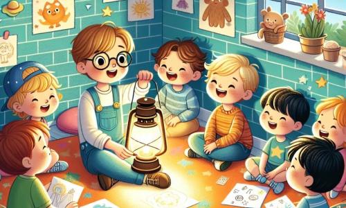 En un aula acogedora, dos niños, Lucas y Tomás, están sentados sobre una alfombra colorida. Lucas, de 8 años con cabello castaño y gafas, observa con curiosidad la luz de la linterna que sostiene la maestra. Tomás, también de 8 años, tiene cabello rubio y una sonrisa radiante, y dibuja estrellas en una hoja de papel. El aula está decorada con dibujos de animales y planetas, con paredes pintadas de azul claro. Cojines suaves están dispuestos a su alrededor, creando un ambiente acogedor. La luz de la linterna proyecta sombras danzantes en las paredes, añadiendo un toque de misterio. La escena principal muestra a Lucas y Tomás, rodeados de sus compañeros, escuchando atentamente a la maestra que cuenta historias sobre la noche. Los niños, fascinados, miran la luz de la linterna, sus rostros iluminados por el brillo cálido, mientras la oscuridad los rodea suavemente, disipando sus miedos.