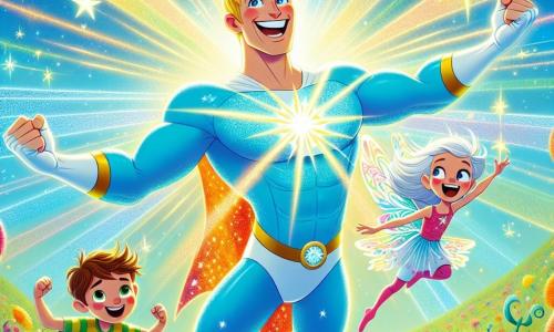 Um super-herói chamado Luminar está no centro da imagem, com um grande sorriso radiante e olhos brilhantes de alegria. Ele é alto e musculoso, com cabelos dourados brilhantes e uma capa estrelada que brilha à luz. Luminar levanta os braços para o céu, cercado por uma aura luminosa. À sua direita, a Fada da Luz, uma menina de cerca de 8 anos, voa com asas cintilantes. Ela tem cabelos longos e prateados e veste um vestido feito de pétalas de flores coloridas, sorrindo alegremente enquanto lança faíscas de luz ao seu redor. À sua esquerda, o Coelho Travesso, um garoto de 7 anos, salta com entusiasmo. Ele tem cabelos castanhos bagunçados e usa uma camiseta listrada, fazendo um grande salto com um sorriso travesso no rosto. O cenário é um campo mágico em Luminópolis, repleto de flores multicoloridas que dançam ao vento e árvores com folhas brilhantes. O céu é de um azul vibrante, salpicado de nuvens brancas e com o sol brilhando intensamente. A cena principal mostra Luminar e seus amigos unidos, prontos para defender sua cidade contra o vilão Sombrio, que se esconde na sombra. A energia luminosa emana de Luminar, iluminando tudo ao redor e criando uma atmosfera de coragem e amizade.