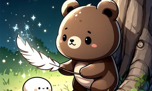 Um ursinho marrom chibi de pelagem macia e arredondada, olhos redondos e brilhantes com expressão corajosa porém um pouco preocupada, oferecendo delicadamente uma longa pena branca salpicada de estrelas; uma pequena luz chamada Lúmina, esfera translúcida azul-ciano cintilante com rosto tímido e aliviado, flutua perto do buraco na raiz de uma árvore; várias sombras chibi difusas em semicírculo atrás dela, curiosas e hesitantes; local: uma ilha minúscula no centro de um lago negro com solo coberto de musgo, árvore retorcida com raízes nodosas e um orifício luminoso, neblina baixa e pedras brilhantes na margem; cena noturna sob uma grande lua cheia dourada, atmosfera ligeiramente assustadora porém reconfortante, forte contraste entre a água escura e o brilho de Lúmina, composição centrada no gesto terno do urso oferecendo a pena, iluminação suave contra sombras profundas, estilo infantil com cores pastel nos personagens e tons escuros no ambiente, perspectiva ligeiramente em plongée, texturas macias e contornos arredondados.