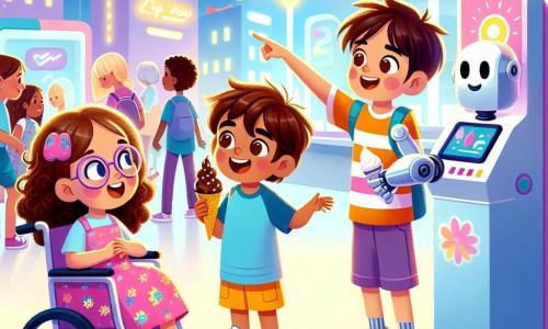 En una ciudad futurista llamada Luminaria, cuatro amigos están juntos, rodeados de edificios brillantes y coloridos. Sara, una niña de 10 años con cabello rizado y gafas redondas, observa asombrada a un robot que reparte helados. Tomás, un niño de 9 años con cabello desordenado y una gran sonrisa, señala un robot mientras se acerca, vestido con una camiseta azul y pantalones cortos amarillos. Luna, una niña de 11 años en silla de ruedas, tiene cabello largo y liso y lleva una blusa violeta. Mateo, un niño de 10 años con gafas de sol en la frente y una camiseta a rayas, cuenta una historia gesticulando. El entorno está lleno de edificios futuristas, luces brillantes y flores coloridas. Los amigos acaban de disfrutar de sus helados y están listos para entrar en la "Sala de Descubrimientos", donde un robot los espera para mostrarles las maravillas del espacio. La emoción y la amistad iluminan sus rostros mientras se preparan para vivir una nueva aventura.
