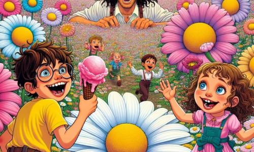 In un campo di margherite giganti dai petali colorati, quattro amici si ritrovano al centro della scena. Marco, un ragazzo di 10 anni con capelli castani e una maglietta gialla, ride mentre tiene una margherita che gli offre un gelato alla fragola. Alla sua destra, Sara, una ragazza di 9 anni con capelli biondi e ricci, indossa un vestito rosa e guarda incantata i fiori che parlano. A sinistra, Luca, un ragazzo di 11 anni con occhiali e un cappello da pirata, si prepara a ballare con un sorriso malizioso, mentre Chiara, una ragazza di 10 anni con lunghi capelli neri e un vestito blu, si solleva in aria con ali di farfalla, affascinata dalla magia del luogo. Il campo è pieno di fiori giganti dai colori vivaci, alberi danzanti e nuvole a forma di caramelle fluttuano in un cielo blu brillante. La scena principale mostra gli amici che ballano gioiosamente con conigli che indossano occhiali da sole, mentre un pesce volante passa sopra di loro, creando un'atmosfera ludica e assurda.
