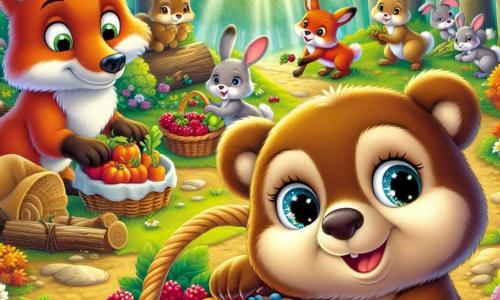 An illustration depicts a young brown bear with sparkling eyes and soft fur, displaying an expression of determination and joy while gathering colorful berries in a large wicker basket, beaming with a bright smile. Nearby, an old fox with a reddish coat and wise eyes, marked by time, observes with a grateful look, holding a small branch to help build a shelter, showing pride. A group of rabbits with large ears and varied fur is busy sorting fresh vegetables, their faces expressing enthusiasm and hope, gathered in a corner of the clearing, working together eagerly. The main setting is a sunny clearing in the heart of a lush forest, surrounded by majestic trees with vibrant leaves and colorful flowers scattered on the ground. Sun rays filter through the branches, creating a warm and welcoming atmosphere. The main scene shows the united animal community working together to gather food and build shelters, symbolizing solidarity and mutual aid in the face of challenges. Other graphical elements include baskets filled with berries and vegetables, tools made from branches, and small shelters under construction, adding life and dynamism to the scene.