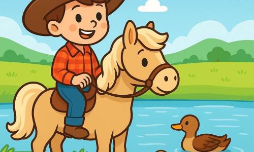 A young cowboy, a ten-year-old boy, smiling and determined, wears a large brown hat, a red checkered shirt, and denim pants. He is sitting on his gentle horse, Dusty, a beige horse with a wavy mane, looking at the sparkling wide river in front of him. Nearby, a family of ducks, with yellow and brown feathers, swims peacefully in the water, adding life to the scene. The landscape is vast and sunny, with lush green meadows stretching as far as the eye can see, gentle hills in the background, and a blue sky dotted with fluffy white clouds. The main scene shows the boy and his horse carefully observing the river, searching for the best place to cross, with expressions of curiosity and excitement on their faces.