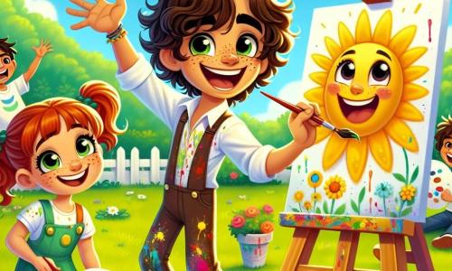 A young man named Oliver, with curly brown hair and paint-splattered clothes, stands joyfully in front of his easel, a broad smile lighting up his face. He mixes paints on his palette, his eyes sparkling with excitement and creativity. Next to him, Mia, an 8-year-old girl with red pigtails and freckles, paints a large smiling sun on a canvas, her arms raised in enthusiasm as she adds bright yellow touches. A bit further away, Leo, a 7-year-old boy with messy hair and a mischievous look, proudly shows off his round-eyed green monster, laughing at his own creation. The scene takes place in a sunny park, surrounded by vibrant green trees and colorful flowers. The sky is bright blue with a few fluffy white clouds, and butterflies flutter around, adding to the joyful atmosphere. The main focus is on Oliver and the children painting together, sharing laughter and colors, creating a collaborative artwork that celebrates their creativity and friendship.