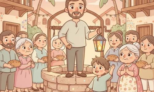 Ein erwachsener Mann namens Amir mit sanftem, leicht bärtigem Gesicht und ruhigen entschlossenen Augen steht selbstbewusst und wohlwollend am Rand eines alten Steinsbrunnens, singt leise ein Erinnerungs­lied und hat die linke Hand auf ein kleines Holzherz in seiner Tasche; ein etwa neunjähriger Junge, Hassan, mit zerzaustem Haar hält etwas vor Amir rechts eine bunte Glaslaterne wie einen Leuchtturm hoch; eine alte Frau mit weißem Dutt und funkelnden Augen in einem einfachen Blumenkleid steht am Rand der Menge mit gefalteten Händen und schaut Amir liebevoll und stolz an; Dorfbewohner mit freundlichen Zügen reichen Brot und zeigen Hoffnung und Überraschung; der Ort ist ein gepflasterter Platz bei Dämmerung mit warmem Licht, schimmernden Mosaiken in den Hauswänden, goldenen Lichtern an Balkonen und kleinen Girlanden im Hintergrund; die Szene ist friedlich, emotional, von Wärme, Solidarität und dem Erwachen alter Erinnerungen geprägt.