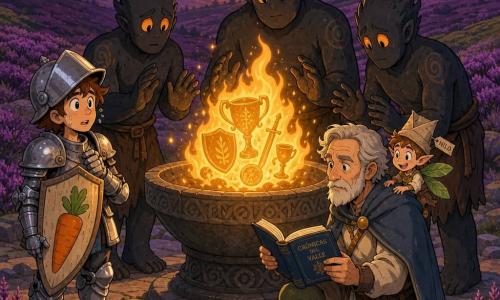 Hombre adulto — Gael: rostro arrugado y amable, pelo gris corto, barba blanca corta, ojos serenos; arrodillado frente a un gran brasero de piedra, sostiene un pequeño libro azul abierto y lee en voz clara, expresión serena y decidida. Joven adulto — Sir Luno (≈18 años): casco grande que le cae sobre la frente, armadura ligera brillante pero torpe, escudo pintado con una zanahoria, de pie a la izquierda de Gael con manos temblorosas y mirada asombrada hacia el fuego. Criatura pequeña — Nilo: duendecillo de papel con alas de hoja, tamaño de una taza, sombrero de etiqueta, posado en el hombro derecho de Gael, divertido y cómplice, ojos brillantes. Criaturas secundarias — Tres Fogoneros: siluetas humanoides de carbón negro con ojos de brasa naranja, formas redondeadas y amables; flanquean el brasero con manos cerca de la piedra caliente, tranquilos pero cautelosos. Lugar: hondonada de la Landa de Brezo al crepúsculo, colinas bajas de brezo violeta, piedras negras alrededor del brasero, cielo violeta con nubes rosadas y humo dorado ascendiendo en volutas. Situación: escena cálida y mágica: Gael lee un cuento junto al brasero dorado para apaciguar un fuego que refleja trofeos; los Fogoneros escuchan y Sir Luno observa fascinado; iluminación suave con contrastes cálidos (naranja, dorado) y fríos (violeta, gris) de estilo heroic-fantasy infantil.