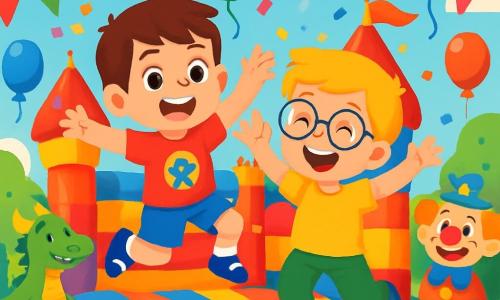 Hay 2 personajes principales: Pablo, un niño de 5 años con cabello castaño y ojos brillantes, vestido con una camiseta roja con un dibujo de superhéroe y un pantalón corto azul, que salta alegremente en un castillo inflable; y Lucas, un niño de 5 años con cabello rubio y gafas redondas, que lleva una camiseta amarilla y un pantalón verde, riendo y levantando los brazos al lado de Pablo, listo para saltar. La escena tiene lugar en un parque vibrante y colorido, lleno de decoraciones de carnaval, con globos de colores flotando y serpentinas de papel danzando con el viento. Al fondo, un gran castillo inflable de colores vivos atrae a los niños, mientras personajes fantásticos como un dragón amistoso y un payaso alegre se mezclan con la multitud. La situación principal muestra a Pablo y Lucas divirtiéndose en el castillo inflable, rodeados de risas y alegría, saltando alto con rostros radiantes de felicidad, mientras caen confetis de colores, creando un ambiente festivo y mágico.