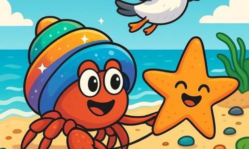 A little hermit crab, Pip, with a shiny, colorful shell, shows a joyful and determined expression. He is pulling a small starfish, Tilda, who has vibrant arms and a bright smile, while standing on a rock near the water. Sera, a seagull with white and gray feathers, flies above them, laughing playfully with a feather in her beak. The setting is a sunny beach with colorful pebbles sparkling in the sun, gentle waves lapping at the shore, and green seaweed swaying in the breeze. The scene depicts Pip and his friends helping each other lift a shiny shell, surrounded by laughter and camaraderie, capturing the spirit of a fun and joyful adventure.