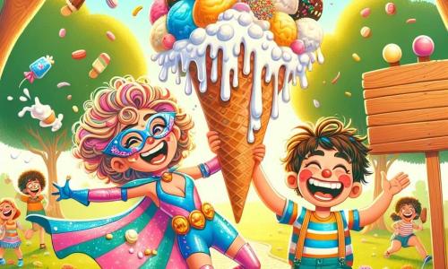 Linda, una supereroina gioiosa, è una giovane donna con capelli ricci e occhiali colorati. Indossa un costume brillante dai colori vivaci, con un mantello fluttuante, e sorride mentre tiene un grande cono gelato gigante, stracolmo di panna montata e coriandoli. Accanto a lei, Pino, un ragazzino con capelli disordinati e un grande cappello da clown, ride mentre si strofina la panna montata sul viso. Indossa una maglietta a righe e un pantaloncino, e sembra divertito dal disastro che ha creato. La scena si svolge in un parco soleggiato, pieno di alberi verdi e fiori colorati. I bambini giocano intorno a loro, e un grande cartello in legno indica "Festa del Gelato" sopra un tavolo decorato con caramelle. La situazione principale mostra Linda e Pino, circondati da risate, mentre creano insieme un gelato gigante, mentre risate e spruzzi di panna montata volano nell'aria, illustrando la loro amicizia e il loro spirito ludico.