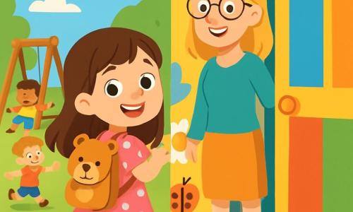 Una bambina di 4 anni, Sofia, con lunghi capelli castani e occhi brillanti di curiosità, indossa un vestito rosa a pois e uno zaino a forma di orso. Ha un grande sorriso sul volto, mostrando la sua eccitazione per il primo giorno di scuola. Accanto a lei, l'insegnante Laura, una donna di circa 30 anni con capelli biondi e occhiali, sorride calorosamente mentre tiene una porta colorata della scuola. Sullo sfondo, bambini di diverse età giocano felicemente in un cortile soleggiato, pieno di fiori colorati e giochi di legno. La scena si svolge davanti a una scuola con muri dipinti di colori vivaci, con disegni di animali e fiori. Sofia, un po' nervosa ma piena di entusiasmo, si trova davanti alla porta della scuola, pronta a entrare in questo nuovo mondo di apprendimento e amicizia.
