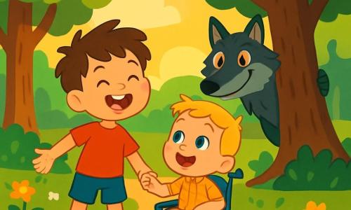 Ci sono 3 personaggi: Nico, un ragazzo di 6 anni con capelli castani disordinati e un sorriso splendente, indossa una maglietta rossa e pantaloni blu; Tommaso, un ragazzo di 5 anni con capelli biondi e occhi scintillanti, è seduto su una piccola sedia a rotelle, indossando una camicia a quadri e pantaloni beige, guarda Nico con entusiasmo; il Grande Lupo Cattivo, una creatura imponente con pelliccia nera e grigia, occhi brillanti e un grande sorriso furbo, si trova un po' in disparte dietro un albero, osservando i bambini con curiosità. Il luogo è una bella radura nel cuore di una foresta incantata, circondata da alberi maestosi e fiori colorati. La scena principale mostra Nico e Tommaso che cantano gioiosamente insieme, mentre il Grande Lupo Cattivo li ascolta attentamente, creando un'atmosfera di amicizia e coraggio di fronte alla curiosità del lupo.