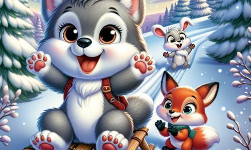 Un piccolo lupo di nome Leo, con un pelo grigio e occhi pieni di curiosità, si trova in cima a una collina innevata, con un ampio sorriso sul volto. Sta scivolando su uno slittino fatto di rami e foglie, le zampe in aria, esprimendo una gioia travolgente. Accanto a lui, la sua migliore amica, una volpe di nome Viola, con un pelo rosso brillante e occhi maliziosi, ride mentre si prepara a scendere la collina sul suo slittino. Più in basso, un coniglio di nome Rocco, con grandi orecchie e pelo bianco, applaude con entusiasmo, gli occhi brillanti di eccitazione. La scena si svolge in una foresta incantata, con alberi coperti da un spesso manto di neve scintillante e un cielo blu brillante, punteggiato di nuvole soffici. La situazione principale mostra Leo e i suoi amici in una corsa di slittino, ridendo e divertendosi insieme, catturando lo spirito gioioso dell'inverno e l'amicizia che li unisce.