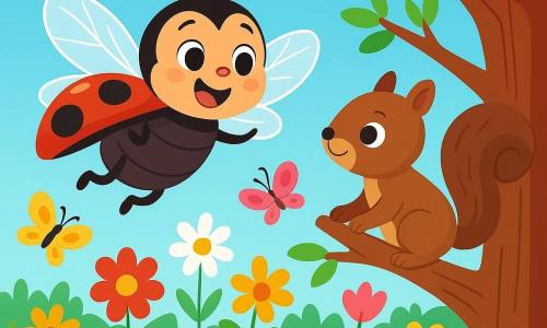 A joyful ladybug, with a bright red body dotted with shiny black spots, enthusiastically flies over a field of vibrant flowers, its small translucent wings sparkling in the sun. It has a big smile, its eyes sparkling with curiosity and excitement. Next to it, a small brown squirrel with mischievous eyes and a bushy tail climbs a tree branch, watching the ladybug with admiration. The setting is an enchanting garden filled with colorful flowers, fluttering butterflies, and a clear blue sky dotted with fluffy white clouds. The ladybug and the squirrel are about to enter the beautiful magical meadow, where they hope to see wonders and make a wish.