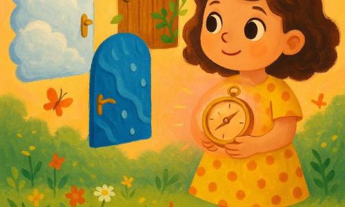 A 4-year-old girl with large bright eyes, a brave smile and chin-length curly brown hair wears a speckled yellow dress and red patent shoes and holds a warm round golden compass glowing soft pink-orange with a small upward needle that hovers above her hand; three doors float in an arc before her—a fluffy white cloud door with silver edges, a wooden door entwined with green vines, and a wavy blue sea-like door with sparkling droplets—in a morning garden of green grass and wildflowers bathed in soft golden light with butterflies and dust motes; she looks at the compass and the doors, hesitant but determined, ready to choose an adventure, with an atmosphere of wonder and calm anticipation.