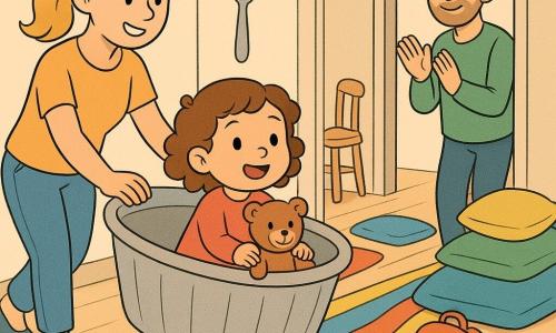 Een stralend en nieuwsgierig 2-jarig meisje met krullend bruin haar en een teddybeer klimt in een grote wasmand die als boot fungeert; mama (ongeveer 30, blond haar in een strakke knot) houdt haar hand of duwt zachtjes, papa (ongeveer 32, lichte baard) legt een kussen als “berg” en kijkt glimlachend vanuit de deuropening. De gang is fantasierijk: een kleurrijk tapijt wordt een pad, stapels kussens vormen een berg, een hoge kinderstoel wordt een toren en een glanzende lepel fungeert als magische peddel. Hoofdscène: het meisje in de wasmand-boot glijdt over het tapijt-pad, mama duwt, papa applaudisseert; zachte sfeer, warme kleuren, duidelijke lijnen, eenvoudige texturen en kinderlijke details (speelgoed, verspreide sokken, een klein tussendoortje in een rugzak). Grafische stijl: minimale tekstballonnen, goed leesbare gezichtsuitdrukkingen, pastelpalet, zachte contrasten en compositie gecentreerd op het meisje om het huiselijke avontuur te benadrukken.