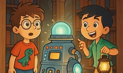 Há 2 personagens principais: - Lucas: Um garoto de 9 anos, com cabelos castanhos bagunçados e óculos redondos. Ele usa uma camiseta vermelha com um desenho de dinossauro e um short azul. Ele está à esquerda, olhando com admiração a máquina do tempo. - Tiago: Um garoto de 9 anos, com cabelos negros e olhos brilhantes. Ele usa uma camisa xadrez verde e uma calça bege. Ele está à direita de Lucas, segurando uma lanterna e apontando para a máquina com excitação. O local da cena principal é um velho alpendre de madeira, dentro de uma biblioteca antiga. As paredes estão cobertas de livros de couro desgastado, e teias de aranha pendem nos cantos. No centro, uma máquina do tempo de metal brilhante, adornada com botões coloridos e luzes piscantes, emite um brilho misterioso. A cena principal da história mostra Lucas e Tiago descobrindo a máquina do tempo, com os rostos iluminados pela curiosidade e aventura, prontos para ativar a máquina e ansiosos para viajar no tempo, cercados por livros e objetos antigos que evocam épocas passadas.