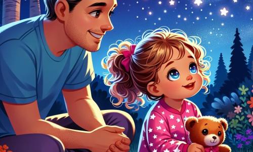 A 2-year-old girl with curly hair and bright eyes curiously gazes at the starry sky. She wears a pink pajama with white stars and has a look of wonder on her face. Next to her, her smiling father, a man in his thirties, shows her the stars, dressed in a blue t-shirt and casual pants. Her mother, a gentle woman in her thirties with long brown hair, sits on the grass holding a soft and fluffy teddy bear named Teddy. The setting is a peaceful garden illuminated by starlight, with colorful flowers and dark trees against the night sky. The main scene shows the little girl, enchanted by the stars, while her parents explain that the dark can be beautiful and friendly.