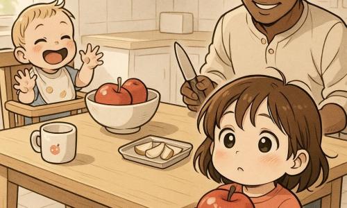 A 2-year-old girl with a round face and slightly tousled brown hair holds a large red apple, blushing with a guilty-proud expression; a roughly 1-year-old boy (Ben) with fine blond hair and banana-smeared hands sits laughing in a wooden high chair to her left; their father, about 35, short hair and a soft smile, stands behind the table to the right holding a safe plastic knife and a tray of apple slices; a gray tabby cat sleeps curled near the table beside a small red drop on the floor; a bright morning kitchen with a light wood table, a fruit bowl missing an apple, a white ceramic mug with a small red sticker and sunlight streaming through the window; main moment: a gentle 