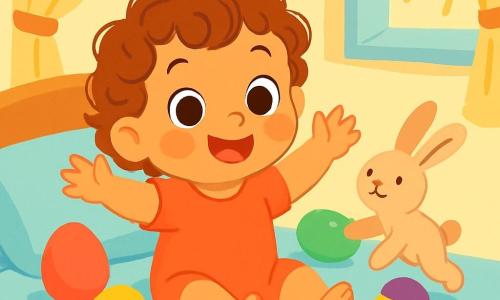 A 2-year-old girl named Mila, with big bright eyes and curly hair, is sitting on her bed surrounded by colorful egg-shaped balloons. She is joyfully smiling, her rosy cheeks and hands raised in the air as if ready to have fun. Next to her, a small plush bunny with long soft ears seems to jump with joy, while a bright yellow chick wearing a purple hat stands near her pillow, looking at Mila with curiosity. The room is decorated with pastel flower garlands and sunlight filtering through the curtains, creating a warm and festive atmosphere. Mila is about to start her Easter egg hunt, with colorful eggs hidden all around her, filling the air with excitement and magic.