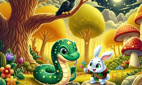Um pequeno serpente chamado Caco, com escamas brilhantes como estrelas e olhos verdes cintilantes, está perto de um riacho, exibindo uma expressão de determinação e curiosidade. Ao seu lado, uma coelhinha branca chamada Lili, com grandes orelhas e um sorriso alegre, o incentiva segurando uma flor colorida em suas patas. Ao fundo, uma majestosa árvore de carvalho, com galhos largos e folhagens, abriga um corvo negro chamado Castor, que observa a cena com um ar sábio, pronto para dar conselhos. O local é uma floresta encantada, cheia de luz dourada filtrando através das folhas, com flores vibrantes e cogumelos gigantes espalhados. A situação principal mostra Caco e Lili trabalhando juntos para mover uma grande pedra que bloqueia o fluxo de água do riacho, simbolizando a união e a amizade em sua busca para restaurar a melodia da natureza.
