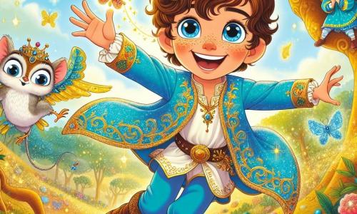 In the center of the image, Prince Pippin, a boy of about 10 with curly hair and freckles on his nose, joyfully floats in the air, a big smile lighting up his face. He wears a sky-blue tunic adorned with golden patterns and velvet pants. His eyes shine with wonder and excitement as he reaches for a sparkling rose. Next to him, Mirth, a small mouse in a colorful hat, stands on a branch, her eyes twinkling with mischief. She enthusiastically claps, encouraging the prince in his quest. In the background, the enchanted forest stretches with majestic trees with golden trunks and multicolored leaves. Brightly colored flowers dot the ground like candy, while sparkling butterflies flutter around them. The main scene shows Pippin floating in the air, surrounded by magic, as he heads towards the wisdom of the owl, ready to discover the secret to break the spell keeping him aloft.