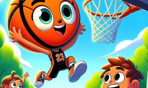 Rimbalzo, un pallone da basket arancione brillante con strisce nere, salta verso un enorme canestro, la sua espressione è piena di determinazione ed eccitazione. È circondato da Marco, un ragazzo dai capelli castani e occhi scintillanti, che lo incoraggia con un grande sorriso, e da Sara, una ragazza con capelli biondi intrecciati, che applaude con entusiasmo, i suoi occhi brillano di ammirazione. Il contesto è un parco soleggiato, con alberi verdi lussureggianti e un cielo azzurro chiaro, dove i bambini giocano e ridono sullo sfondo. Al centro dell'immagine, Rimbalzo si eleva maestoso nell'aria, pronto a fare un tiro spettacolare, mentre i suoi amici lo osservano con impazienza, creando un'atmosfera di cameratismo e incoraggiamento.