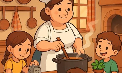 Chef Sofia, cerca de 35 anos, cabelos castanhos presos sob um chapéu branco, rosto arredondado e sorridente, segura uma concha de madeira e mexe uma panela fumegante com expressão acolhedora; menina de 6 anos com tranças e vestido amarelo rala uma cenoura à esquerda de Sofia, concentrada e feliz; menino de 5 anos de cabelo curto e camiseta verde prova a sopa com uma colherinho sentado num banquinho à frente; outra menina de 4 anos de cabelos cacheados e avental azul oferece um pote de manjericão à direita da chef; cozinha rústica e acolhedora com grande mesa de madeira clara, panelas de cobre penduradas, pano de prato xadrez vermelho e branco, janela ensolarada com cortina bordada e forno antigo com vapor suave — cena comunitária segura e calorosa, cores quentes e texturas nítidas.