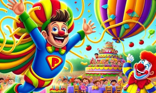 Super Pasticcione è un uomo allegro con un grande sorriso, che indossa un costume colorato fatto di tessuti a forma di spaghetti e pomodori. Sta volando nell'aria, con le braccia aperte e spaghetti che fluttuano intorno a lui, mostrando un'espressione di eccitazione e determinazione. Accanto a lui, il Clown Disastroso, un uomo di circa 30 anni con un naso rosso brillante e capelli in disordine, sta gonfiando un enorme pallone colorato. Sembra un po' goffo ma felice, ridendo della situazione mentre cerca di non far scoppiare il pallone. La scena si svolge in un parco soleggiato, pieno di fiori colorati e risate di bambini. Al centro, si sta svolgendo una grande festa di compleanno, con un castello di palloni multicolori che si erge maestoso, circondato da tavoli decorati con torte e coriandoli. La situazione principale mostra Super Pasticcione e il Clown Disastroso che collaborano felicemente per costruire un castello di palloni, mentre un forte vento minaccia di portarli via, creando un'atmosfera comica e avvincente.