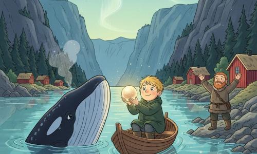 The main character is a 13-year-old boy, Leif, with a round face, messy blond hair, a dark green wool coat and wet leather boots, holding a large luminous pearl emitting a warm golden glow while looking amazed and serene; a secondary character is his ~40-year-old father, robust with a short red beard and a fur coat, standing on the rocky shore to the right with arms raised in relief; another secondary character is a large black-and-blue whale beside the small wooden boat, head half out of the water with wise eyes and soft steam from its blowhole; the scene is a Nordic fjord at dusk—deep turquoise-reflecting waters, steep pine-covered cliffs, clustered red wooden houses with thatched roofs, pale aurora traces—and shows Leif in his little boat lifting the pearl from the water as the whale watches and his father looks on from shore, lit by the contrast of the pearl’s warm gold and the cool blue evening air.