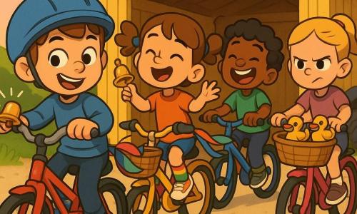 Six‑year‑old Timmy, smiling and mischievous with short light brown hair and a too‑big blue helmet, rings a shiny bell while sitting on a worn‑paint red bike; five‑year‑old Lucy, joyful with brown pigtails and rainbow socks, rides a yellow bike with a basket at Timmy’s left, singing and waving a small bell; five‑year‑old Benny, funny with curly black hair and a wide laughing mouth, wears a green tee and pedals a blue bike slightly behind to the right; six‑year‑old Millie, focused and sly with tied blond hair, holds a wicker basket of rubber ducks on a pink bike to Lucy’s right; they ride side‑by‑side down a light‑gravel lane past a bright yellow bike shed with stacked tires and helmets in the back, scarves tied between seats fluttering, bell tinkling, ducks bouncing, warm late‑afternoon light and long shadows under a pink‑orange sky.