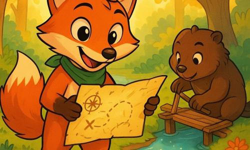 A clever and curious fox named Rowan stands by a sparkling river, his eyes shining with determination and excitement. His soft, silky red fur is complemented by a small green scarf around his neck. He studies an ancient map, illuminated by glimmers of light, with a hopeful smile. Beside him, a hedgehog named Lila, with her brown spines and sparkling eyes, watches the map in wonder, holding a small compass ready to assist her friend. A bit further away, a beaver named Bram, with muscular legs and brown fur, is busy building a small wooden bridge, showing a focused and determined expression. The setting is an enchanted forest, where majestic trees with golden leaves surround them, and colorful flowers line the path. Sunlight filters through the foliage, creating dancing patterns on the ground. The main scene shows Rowan and his friends eagerly on a quest for hidden treasure, examining the map enthusiastically, ready to face the challenges ahead in their adventure.